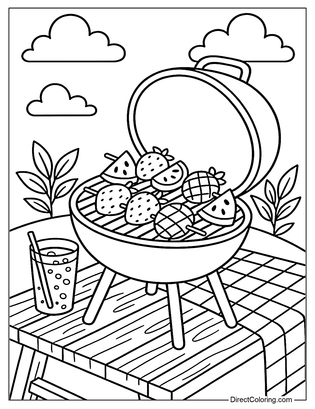 Coloring page of an outdoor grill scene with fruit skewers such as pineapple, watermelon, strawberries, and a wooden table with soda glasses and a picnic tablecloth.